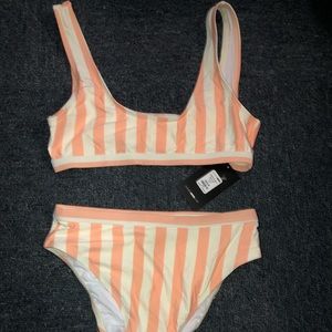 fashion nova coral and white striped bathing suit